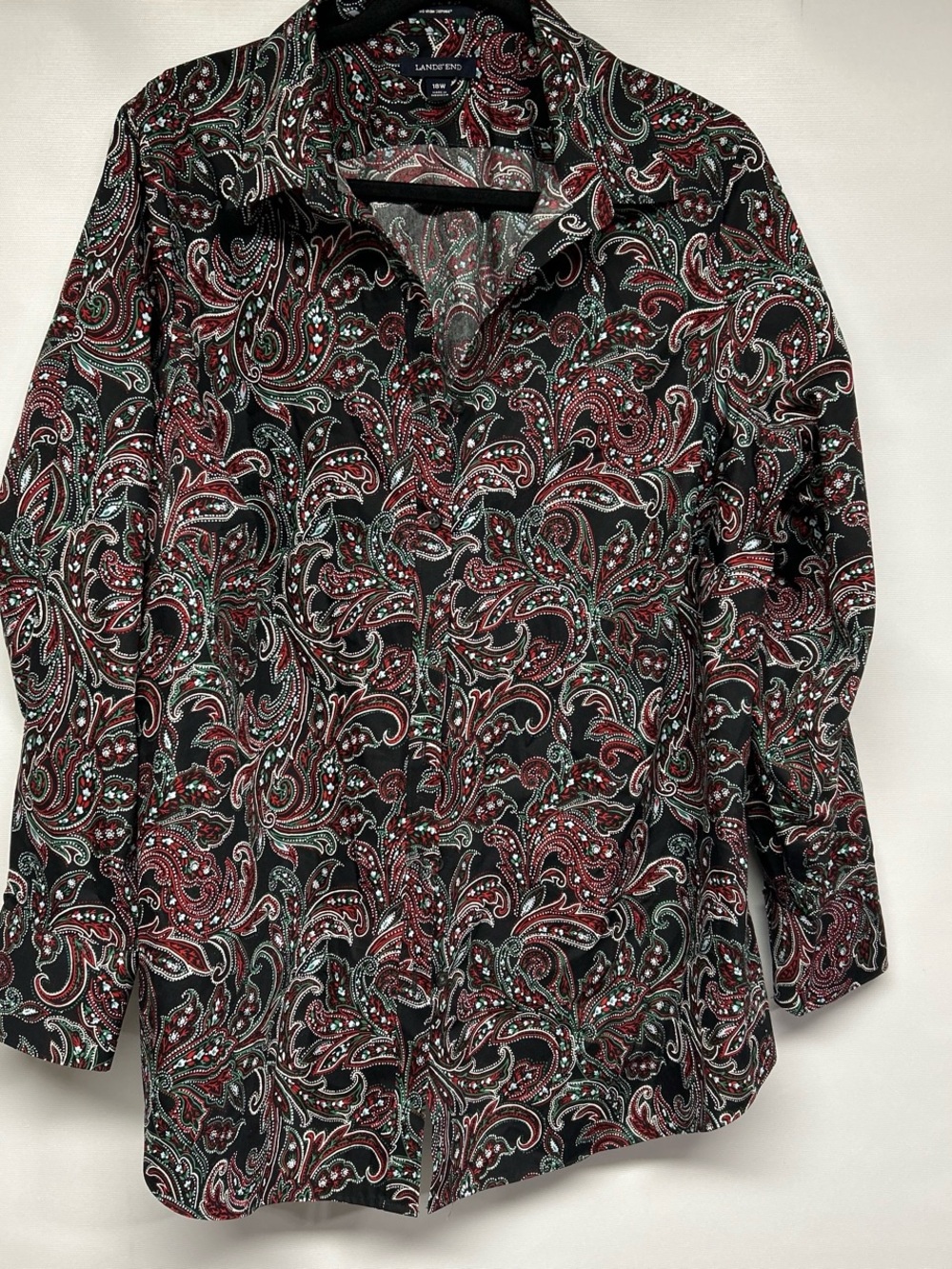 Lands' End Black Paisley Button-Up Shirt with Red & Green Accents